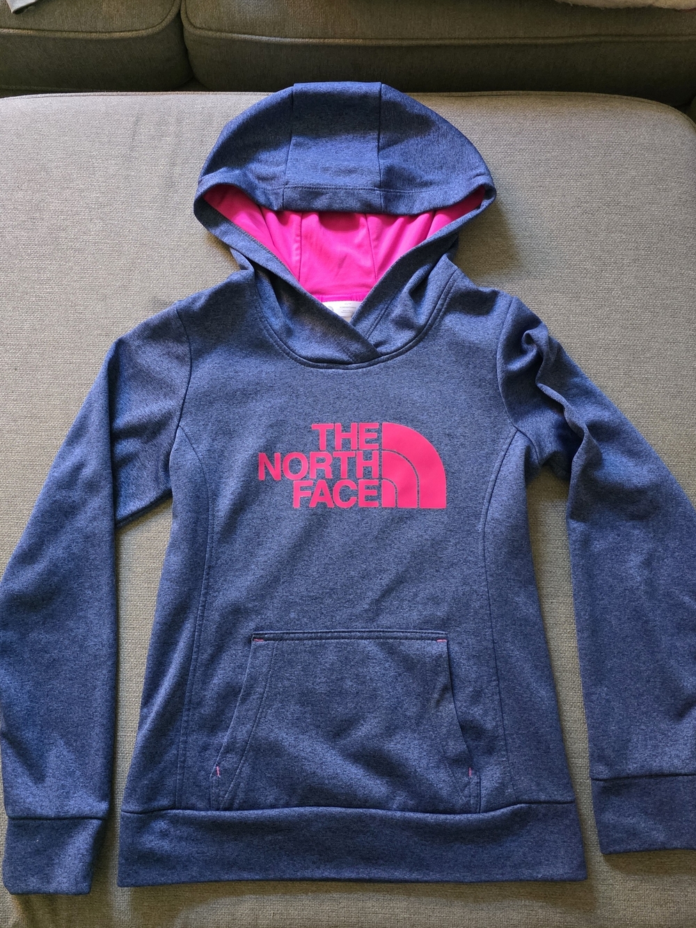 The North Face Girls Pullover Hoodie - Navy with Pink Logo & Lined Hood